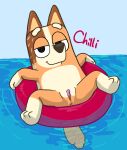  anthro anus australian_cattle_dog bluey_(series) canid canine canis cattledog chilli_heeler color_edit colored domestic_dog edit female floatie floating furrycheetah_(artist) genitals half-closed_eyes herding_dog inflatable mammal narrowed_eyes pastoral_dog polygon5 pussy sketch smile solo water 
