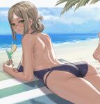  1girl ass beach black_one-piece_swimsuit blush breasts cup day drinking_glass folded_ponytail glasses green_eyes grey_hair highres kantai_collection katori_(kancolle) long_hair looking_at_viewer lying medium_breasts ocean on_stomach one-piece_swimsuit sand smile solo swimsuit towel tree water yuugao 