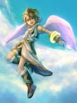  1boy angel angel_wings armlet blue_eyes blue_sky brown_hair full_body highres kid_icarus kid_icarus_uprising laurel_crown looking_at_viewer male_focus open_mouth pit_(kid_icarus) sky smile solo sparkle tanusaku wings 