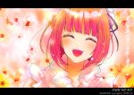  1girl arima_kana blush bob_cut closed_eyes flower hat hat_ribbon highres inverted_bob looking_at_viewer open_mouth oshi_no_ko pink_flower red_hair ribbon shirt short_hair smile solo white_shirt yurigera_8959 