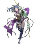  1girl aiming arrow_(projectile) attack bodysuit bow_(weapon) breasts cleavage fingerless_gloves fire_emblem fire_emblem_fates fire_emblem_heroes fishnet_bodysuit fishnets gloves highres holding holding_bow_(weapon) holding_weapon japanese_clothes medium_breasts ninja non-web_source official_alternate_costume official_art pelvic_curtain ponytail purple_eyes purple_gloves purple_hair purple_scarf purple_thighhighs reina_(fire_emblem) reina_(ninja)_(fire_emblem) scarf shuriken_hair_ornament single_bare_shoulder solo standing standing_on_one_leg tabi thighhighs v-shaped_eyebrows weapon 