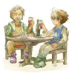  2boys alcohol bartz_klauser brown_hair candle chair closed_eyes cup drink eggru facial_hair final_fantasy final_fantasy_v food galuf_halm_baldesion goatee grey_hair highres holding holding_cup multiple_boys mustache old old_man plate red_wine sitting table wine 