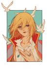  1boy bird blonde_hair blue_background blue_eyes cape collared_shirt diamond_(shape) dove earrings frilled_shirt frills gem green_gemstone hand_up howl_(howl_no_ugoku_shiro) howl_no_ugoku_shiro jewelry light_smile male_focus medium_hair necklace red_gemstone ring ry1115275908 shirt single_earring solo straight_hair white_bird white_shirt 