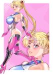 1girl absurdres arion_canvas ass bare_shoulders bishoujo_senshi_sailor_moon blonde_hair blue_eyes covered_nipples earrings elbow_gloves gloves hair_bun high_heels highres jewelry leotard long_hair pink_background sailor_moon solo taimanin_(series) taimanin_suit thighhighs tsukino_usagi twintails 