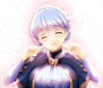  1girl ^_^ blue_capelet blue_dress blue_hair blush braid breasts bridal_gauntlets capelet closed_eyes closed_mouth commentary_request crown_braid dress finger_to_cheek fire_emblem fire_emblem:_three_houses head_tilt heart marianne_von_edmund short_hair smile solo white_background yanmarson 