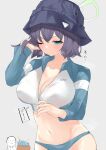  1girl arona&#039;s_sensei_doodle_(blue_archive) blue_archive blush breasts bucket_hat cleavage collarbone crystal halo hat highres large_breasts navel one_eye_closed purple_eyes rash_guard ryoutsu saki_(blue_archive) saki_(swimsuit)_(blue_archive) sensei_(blue_archive) solo_focus unzipping 