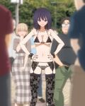  2girls 4boys :o absurdres apron black_bra black_panties black_thighhighs blurry blurry_background blurry_foreground bra breasts closed_mouth cosplay day felipe_godoy hands_on_own_hips highres implied_masturbation kitagawa_marin kuroe_shizuku lingerie male_masturbation masturbation medium_breasts multiple_boys multiple_girls outdoors panties purple_eyes purple_hair smile solo_focus sono_bisque_doll_wa_koi_wo_suru suzuka_(kisekoi) thighhighs underwear 