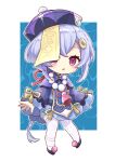  1girl absurdres bangs blue_shorts braid cape capelet chibi coin_hair_ornament commentary_request full_body genshin_impact hair_between_eyes hair_ornament hat highres jiangshi long_hair long_sleeves looking_at_viewer low_ponytail ofuda parted_lips pone_(user_smrj2588) purple_eyes purple_hair qing_guanmao qiqi_(genshin_impact) shorts sidelocks simple_background single_braid solo standing thighhighs vision_(genshin_impact) white_thighhighs wide_sleeves zettai_ryouiki 