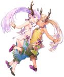  2girls :d antlers ass baggy_pants bracelet clothing_cutout dark-skinned_female dark_skin e_(eokiba) earrings full_body green_eyes highres jewelry leg_up light_brown_hair looking_at_viewer magatama magatama_earrings multiple_girls necklace no_socks open_mouth outstretched_hand pants purple_eyes purple_hair sekaiju_no_meikyuu sekaiju_no_meikyuu_5 shaman_(sekaiju) shaman_2_(sekaiju) shoes side_cutout simple_background smile tassel tassel_earrings teeth tooth_necklace twintails upper_teeth_only white_background 