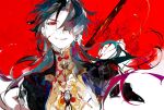  1boy black_hair black_jacket blade_(honkai:_star_rail) blood blood_on_face chinese_clothes ezu_(e104mjd) flower hair_over_one_eye honkai:_star_rail honkai_(series) jacket long_hair looking_at_viewer male_focus multicolored_hair one_eye_covered red_background red_eyes red_hair shirt sketch smile solo spider_lily teeth white_background yellow_shirt 