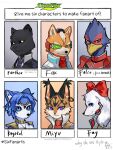  animal_ears animal_nose beak bird_boy black_sclera blue_eyes blue_fur body_fur bow closed_mouth colored_sclera commentary dog_girl earrings english_commentary english_text falco_lombardi fay_spaniel fox_boy fox_mccloud furry furry_female furry_male green_eyes highres jewelry krystal looking_at_viewer lynx_girl miyu_lynx multiple_drawing_challenge necktie panther_boy panther_caroso panther_ears pruh purple_eyes red_bow single_earring six_fanarts_challenge snout star_fox star_fox_assault whiskers white_fur yellow_eyes 