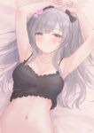  1girl armpits arms_up bandaid bandaid_on_face bed_sheet black_camisole blush bow breasts camisole cleavage collarbone gameso grey_hair hair_bow hair_spread_out heart highres idolmaster idolmaster_shiny_colors light_smile looking_at_viewer lying medium_breasts navel on_back purple_eyes ribbed_camisole solo twintails upper_body yukoku_kiriko 