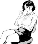  1girl arm_under_breasts breasts chair cleavage closed_eyes collared_shirt commentary_request crossed_legs cup dress_shirt feet_out_of_frame greyscale hair_bun highres holding holding_cup kekemotsu large_breasts monochrome mug office_chair on_chair original parted_bangs pencil_skirt shirt simple_background sitting skirt solo swivel_chair white_background 