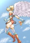  1girl angel_wings armor ass blonde_hair blue_eyes breath_of_fire breath_of_fire_i closed_mouth cloud dated elbow_gloves feathered_wings flying foot_out_of_frame gloves hamamuraacca highres leotard looking_at_viewer nina_(breath_of_fire_i) rapier red_leotard short_hair smile solo sword thighhighs weapon white_wings wings 