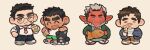  4boys :v =_= ^_^ bad_link bandaid bandaid_on_face bandaid_on_nose bara beard black_hair blank_stare blush bright_pupils brown_eyes bubble_tea character_request cheek_bulge chibi closed_eyes dark-skinned_male dark_skin dog drinking earrings eating facial_hair full_body glasses goatee green_shorts headpat horns japanese_clothes jewelry kim_liong_(shan) kimono long_sideburns looking_at_viewer male_focus mature_male multiple_boys necktie oni original pointy_ears red_necktie red_oni shan_(shanshankuo) short_hair shorts sideburns skin-covered_horns standing tank_top thick_eyebrows tsi-ho_(shan) tusks twitter_banner white_tank_top 
