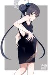  1girl armpits ass back_cutout bare_shoulders black_dress black_hair blue_archive blush breasts china_dress chinese_clothes clothing_cutout dragon_print dress hair_bun hair_ornament halo highres kisaki_(blue_archive) long_hair odaneru_apart single_hair_bun sleeveless sleeveless_dress small_breasts solo sweatdrop twintails 