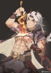 1boy abs absurdres arataki_itto bara bracelet choker facepaint feet_out_of_frame genshin_impact highres holding holding_weapon horns human_scabbard jewelry large_pectorals long_hair looking_at_viewer male_focus navel oni oni_horns parody pectorals red_eyes sanpaku smile solo spiked_bracelet spiked_choker spikes stomach thick_eyebrows toned toned_male weapon white_hair xian_goutou_hz 