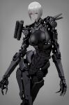  1girl android armor blunt_bangs breasts closed_mouth grey_background highres jittsu large_breasts looking_at_viewer mecha_musume mechanical_arms mechanical_parts original science_fiction short_hair simple_background solo white_hair yellow_eyes 
