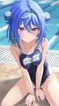  1girl alternate_costume balflear_(oe19nlud) blue_hair blue_one-piece_swimsuit blush breasts breasts_squeezed_together closed_mouth commentary_request competition_swimsuit double_bun full_body green_hair hair_between_eyes hair_bun hair_intakes highres long_bangs looking_at_viewer medium_breasts medium_hair mole mole_under_eye multicolored_hair name_tag nanashi_inc. one-piece_swimsuit pink_eyes pool poolside solo suzumi_nemo swimsuit two-tone_hair virtual_youtuber water 