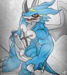  anthro balls bandai_namco blue_body blue_skin blush bodily_fluids claws countershading digimon digimon_(species) digital_media_(artwork) dragon erection exveemon feet genitals hi_res horn looking_at_viewer male muscular muscular_male nude pecs penile penis scalie simple_background smashed_(artist) smile solo tail text toes url wings 