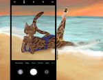  anthro beach clothing evolucifer felid feline female hi_res leopardus mammal ocelot photography_(artwork) seaside sunset swimwear water 