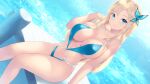  1girl bare_shoulders blonde_hair blue_eyes boku_wa_tomodachi_ga_sukunai breasts butterfly_hair_ornament cait_aron cleavage closed_mouth collarbone feet_out_of_frame hair_ornament hand_in_own_hair highres kashiwazaki_sena large_breasts long_hair looking_at_viewer monokini navel outdoors sideboob sitting smile swimsuit thighs water 