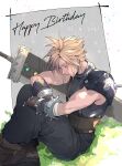 1boy armor blonde_hair blue_pants blue_sweater boots brown_footwear brown_gloves buster_sword closed_eyes closed_mouth cloud_strife crossed_legs dated final_fantasy final_fantasy_vii final_fantasy_vii_remake gloves grass happy_birthday highres huge_weapon knees_up male_focus materia mugikoma pants profile ribbed_sweater short_hair shoulder_armor single_bare_shoulder sitting sleeping sleeveless sleeveless_turtleneck solo spiked_hair suspenders sweater sword turtleneck turtleneck_sweater weapon 