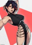  1girl abs absurdres black_hair blue_eyes blush breasts covered_nipples highres kill_la_kill large_breasts looking_at_viewer matoi_ryuuko multicolored_hair muscular muscular_female piercing red_hair short_hair solo stopu streaked_hair tongue tongue_out tongue_piercing two-tone_hair 