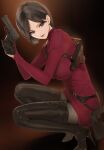  1girl ada_wong belt black_footwear black_hair boots breasts brown_pantyhose commentary dress grey_eyes gun high_heel_boots high_heels highres large_breasts long_sleeves looking_at_viewer pantyhose parted_bangs red_dress resident_evil resident_evil_4 resident_evil_4_(remake) solo squatting sweater sweater_dress thigh_boots weapon yd_(orange_maru) 