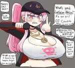  1girl baseball_cap blush_stickers breasts collarbone english_text finger_gun grey_background hat holding holding_microphone hololive hololive_english huge_breasts jacket long_hair microphone mori_calliope mori_calliope_(2nd_costume) musical_note navel notnoe_(dxcl) open_clothes open_jacket pink_eyes pink_hair shirt sneer speech_bubble spoken_musical_note very_long_hair virtual_youtuber white_shirt 
