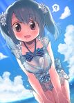  1girl :d ? blue_background blue_bow blue_bowtie blue_hair blue_shirt blue_shorts blue_sky blush bow bowtie cowboy_shot dot_nose dutch_angle es_(eisis) eye_contact female_pubic_hair flower hair_flower hair_ornament highres kasane_ao leaning_forward looking_at_another looking_at_viewer magia_record:_mahou_shoujo_madoka_magica_gaiden mahou_shoujo_madoka_magica nipples official_alternate_costume open_mouth outdoors pubic_hair purple_eyes see-through see-through_shirt see-through_shorts shirt short_hair short_sleeves shorts sidelocks sky smile solo speech_bubble spoken_question_mark swept_bangs twintails water_drop white_flower 
