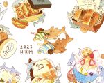  2023 artist_name bowl bread cherry eating food food_delivery_box fruit highres hot_dog ice_cream kiwi_(fruit) nadia_kim orange_(fruit) orange_slice original pastry pastry_box shark strawberry sweets whale whipped_cream 