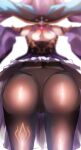  1girl absurdres ass bare_shoulders black_panties close-up clothes_lift detached_sleeves from_behind from_below genshin_impact highres keqing_(genshin_impact) long_hair panties panties_under_pantyhose pantyhose purple_hair shiny_clothes skirt skirt_lift solo tonokawa underwear 