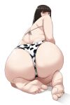  1girl absurdres animal_print ass ass_focus back barefoot bellone bikini blunt_bangs blush brown_eyes brown_hair commentary covered_mouth cow_print from_behind full_body furrowed_brow girls_und_panzer highres long_hair looking_at_viewer looking_back mature_female micro_bikini nishizumi_shiho print_bikini seiza simple_background sitting soles solo straight_hair string_bikini swimsuit white_background 