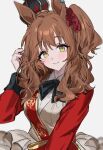  1girl alternate_hair_length alternate_hairstyle animal_ears aston_machan_(umamusume) blush brown_hair crown green_eyes hair_tucking highres horse_ears horse_girl long_hair long_sleeves looking_at_viewer m75255831 necktie one_side_up red_sash sash simple_background smile solo umamusume upper_body white_background 