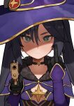  1girl aiming aiming_at_viewer black_choker black_gloves black_hair breasts capelet choker closed_mouth collarbone commentary flasso fur-trimmed_capelet fur_trim genshin_impact gloves gun hair_between_eyes hat hat_ornament highres holding holding_gun holding_weapon middle_finger mona_(genshin_impact) purple_capelet purple_headwear simple_background small_breasts solo twintails upper_body weapon white_background witch_hat 