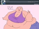  2018 4:3 5_fingers anthro ask_blog batspid2 belly big_belly big_breasts bottomwear breasts clothing crop_top dialogue digital_drawing_(artwork) digital_media_(artwork) english_text exclamation eyebrows eyelashes female fingers flabby_arms flat_colors frill_(anatomy) head_crest head_frill huge_breasts juna_(batspid2) lizard membrane_(anatomy) membranous_frill morbidly_obese morbidly_obese_anthro morbidly_obese_female navel obese obese_anthro obese_female overweight overweight_anthro overweight_female pink_body pink_skin purple_eyes reptile scalie shirt simple_background smile solo text topwear 