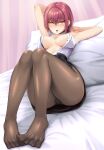  1girl absurdres armpits bed blush breasts cleavage commentary_request feet heterochromia highres hololive houshou_marine houshou_marine_(6th_costume) jewelry knees_up large_breasts legs necklace no_bra no_shoes open_clothes open_mouth open_shirt pantyhose pillow red_eyes red_hair revision roomurariyuu short_hair skirt solo spread_toes steaming_body toenails toes virtual_youtuber yellow_eyes 