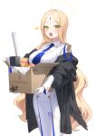  1girl absurdres ayumu_(blue_archive) black_cardigan black_wings blonde_hair blue_archive blue_necktie blush box breasts cardboard_box cardigan cleavage_cutout clothing_cutout collared_dress dong_ji dress feathered_wings forehead_jewel green_eyes highres holding holding_box large_breasts long_dress long_hair looking_at_viewer necktie parted_bangs simple_background smile solo sparkle very_long_hair white_background white_dress wings 