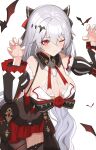  1girl absurdres bat_(animal) bat_hair_ornament black_dress breasts cleavage closed_mouth commentary_request detached_sleeves dress earrings hair_ornament highres honkai_(series) honkai_impact_3rd jewelry large_breasts low_ponytail red_eyes theresa_apocalypse white_hair zhourues 