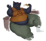  2021 anthro belly big_belly blue_body blue_fur bottomwear cettus clothing domestic_cat felid feline felis female food fur furniture gesture highlights_(coloring) holding_food holding_object mae_borowski mammal midriff night_in_the_woods obese obese_anthro obese_female on_sofa open_mouth overweight overweight_anthro overweight_female pants pizza red_highlights shirt simple_background sitting sitting_on_sofa sofa solo topwear waving white_background 