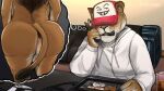  anthro band1tnsfw baseball_cap big_butt butt clothing digital_media_(artwork) drawing_pen drawing_tablet duo felid female hat headgear headwear hi_res hoodie lion male mammal mane meme pantherine portrait red_clothing red_hat red_headwear tail thick_thighs thought_bubble topwear white_clothing wide_waist 