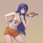  1girl :d bare_shoulders blue_eyes blue_hair breasts chicken_(food) cleavage collarbone contrapposto fire_emblem fire_emblem_awakening food hand_on_own_hip highres holding holding_tray hooters lesu long_hair looking_at_viewer lucina_(fire_emblem) no_legwear open_mouth orange_shorts short_shorts shorts simple_background small_breasts smile solo tank_top thighs tiara tray very_long_hair white_tank_top 