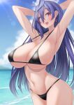  1girl alternate_breast_size armpits arms_behind_head bare_arms bikini black_bikini blue_hair blush breasts cleavage dura earrings highres huge_breasts iris_heart jewelry kami_jigen_game_neptune_v long_hair looking_at_viewer micro_bikini navel neptune_(series) power_symbol red_eyes solo swimsuit symbol-shaped_pupils very_long_hair wet 