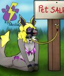  anthro bell bell_collar bikini bondage_gear bondage_gloves bound canid canine canis chubby_female clothing collar eeveelution eyewear female gag generation_1_pokemon glasses hybrid jolteon kneeling kyn_skyther kynmedia leash mammal muzzle_gag neck_tuft nintendo outside pet petplay pokemon pokemon_(species) public restrained roleplay slightly_chubby solo submissive submissive_female swimwear tuft wolf 