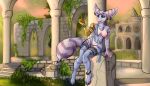  amber_wind anthro big_ears blue_eyes breasts clothing cybernetic_arm cybernetic_limb detailed_background digital_media_(artwork) ear_piercing ear_ring female fur hi_res legwear lombax looking_away mammal nipples nude piercing pink_nipples purple_body purple_fur ratchet_and_clank ring_piercing rivet_(ratchet_and_clank) smile solo sony_corporation sony_interactive_entertainment stockings translucent translucent_clothing 