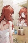  1girl :o absurdres bare_shoulders blush breasts camisole cleavage commentary_request faucet highres indoors large_breasts mirror original parted_lips red_hair reflection solo spaghetti_strap strap_slip upper_body uth_95 