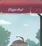  1boy ahoge alhaitham_(genshin_impact) cloud commentary day genshin_impact grey_hair highres out_of_frame outdoors pizza_hut sky solo tree xinzoruo 
