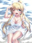  air_(visual_novel) blonde_hair blue_eyes breasts cleavage dress feet_out_of_frame hair_ribbon happy_birthday kamio_misuzu long_hair medium_breasts one_eye_closed open_mouth ponytail ribbon sidelocks strap_slip sundress water wet wet_clothes white_dress white_ribbon zen_(kamuro) 