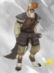  anthro armor belt bottomwear breastplate claws clothing fluffy fluffy_tail greying_hair hair hi_res hyena leather male mammal mohawk orange_hair pants pawpads paws scar shirt smile solo sourmagic tail teeth topwear wraps yellow_eyes 